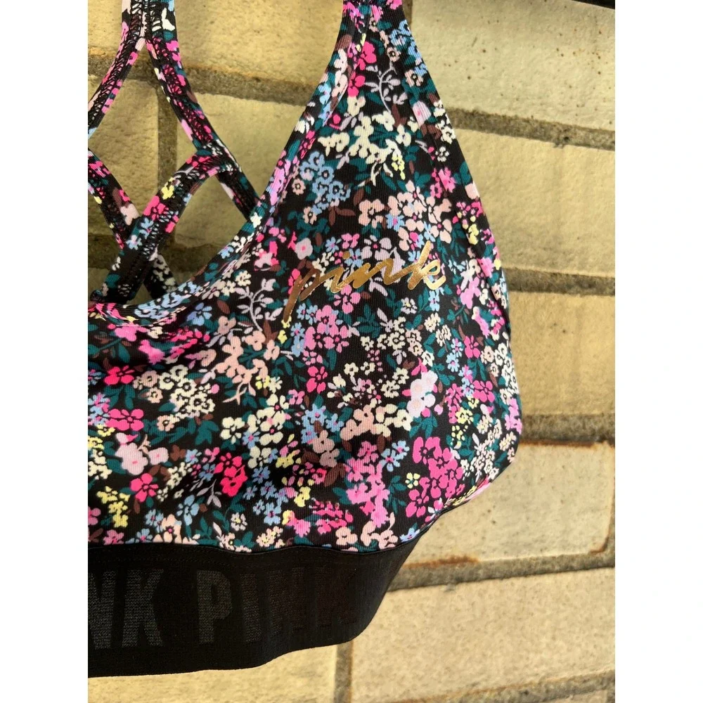 Pink Sport Victoria's Secret Floral Strappy Racerback Sports Bra Black Small - Picture 2 of 5